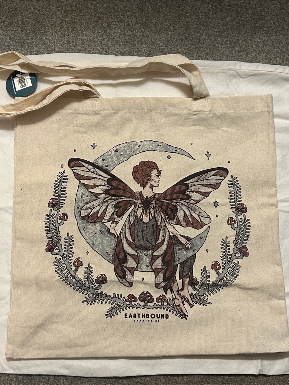 EARTHBOUND Beige Canvas Tote with Fairy Moon Illustration NWT
